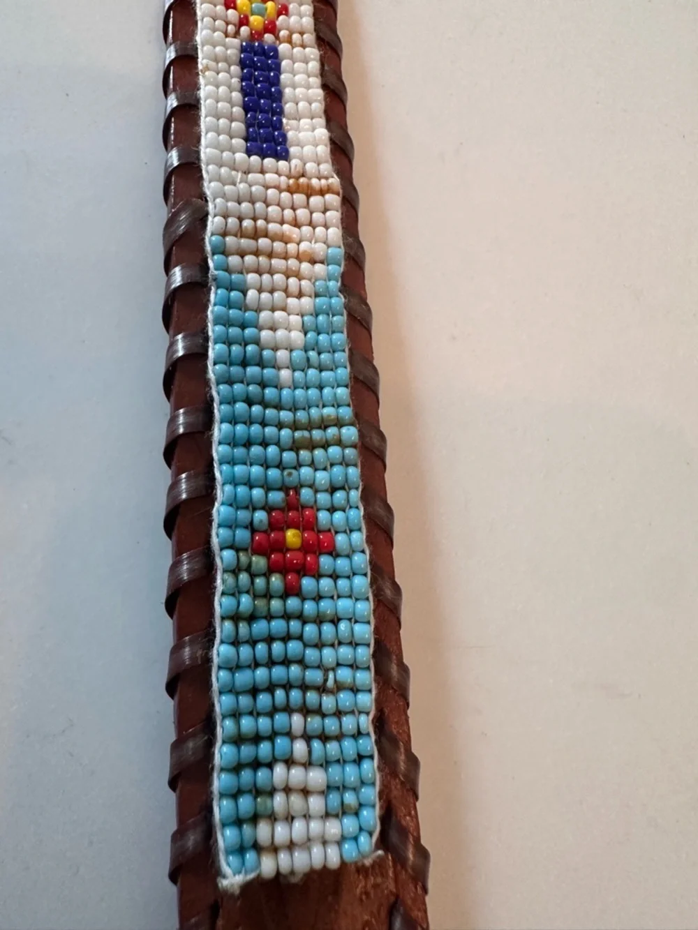 Southwestern Thunderbird Beaded Leather Brown VTG Belt Silver Unisex Sz 40 Aztec